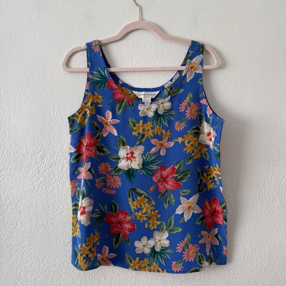 vintage 90s vibrant floral print silk tank top by Casual Corner Size M - Picture 2 of 9